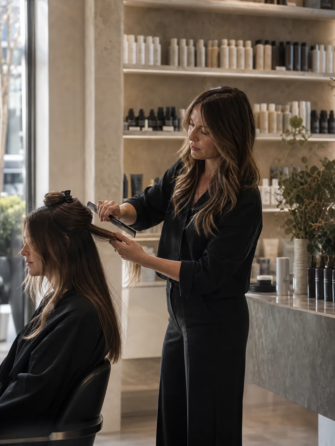 A stylist in all black finishing a client’s hair in a light-stone salon with a full product wall