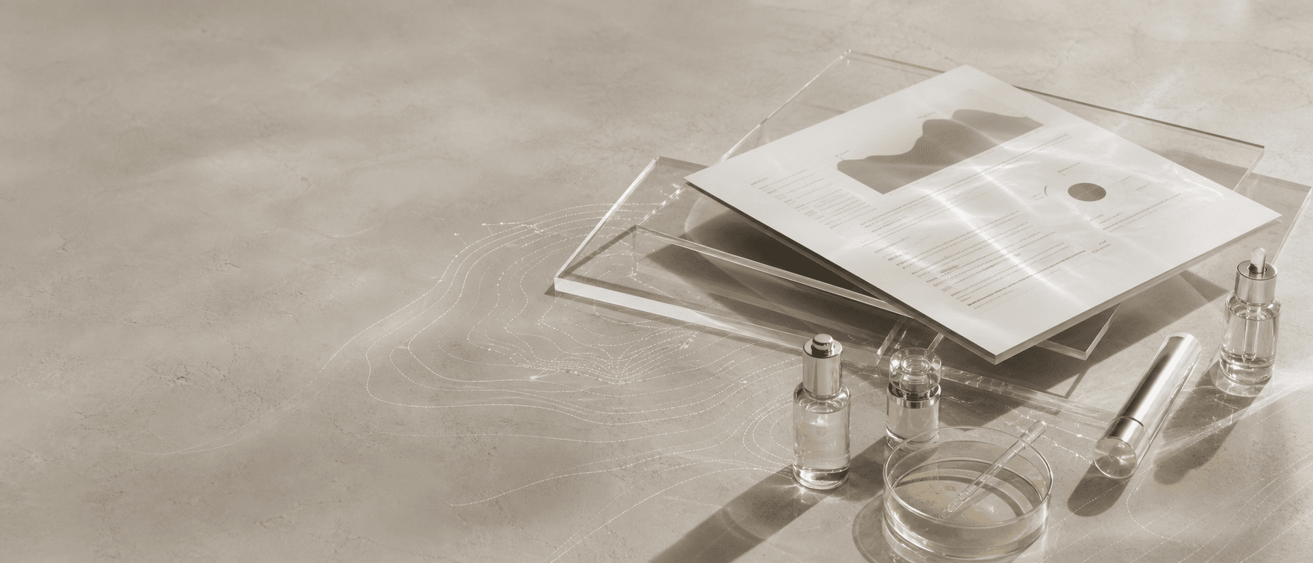 SOCELLE intelligence report materials arranged with cosmetic lab objects and data contours