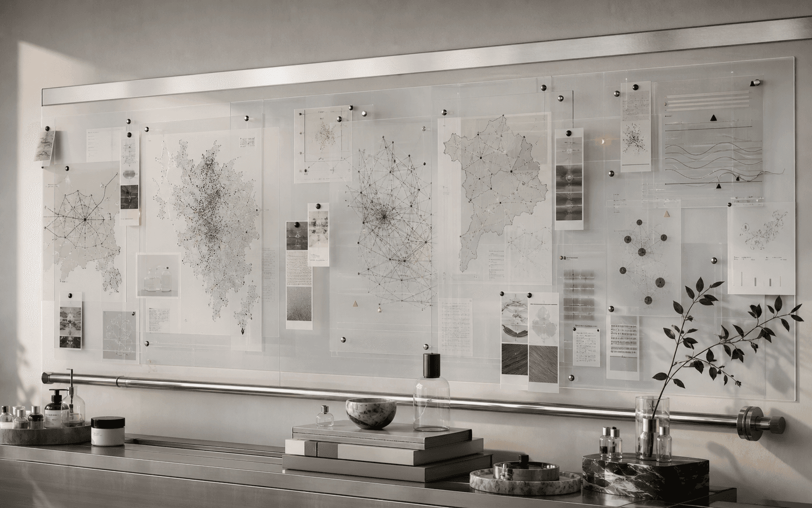 SOCELLE evidence wall with maps, diagrams, beauty objects, and intelligence materials