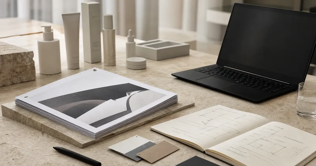 Beauty operator strategy desk with laptop, skincare samples, report packet, and CRM planning notes