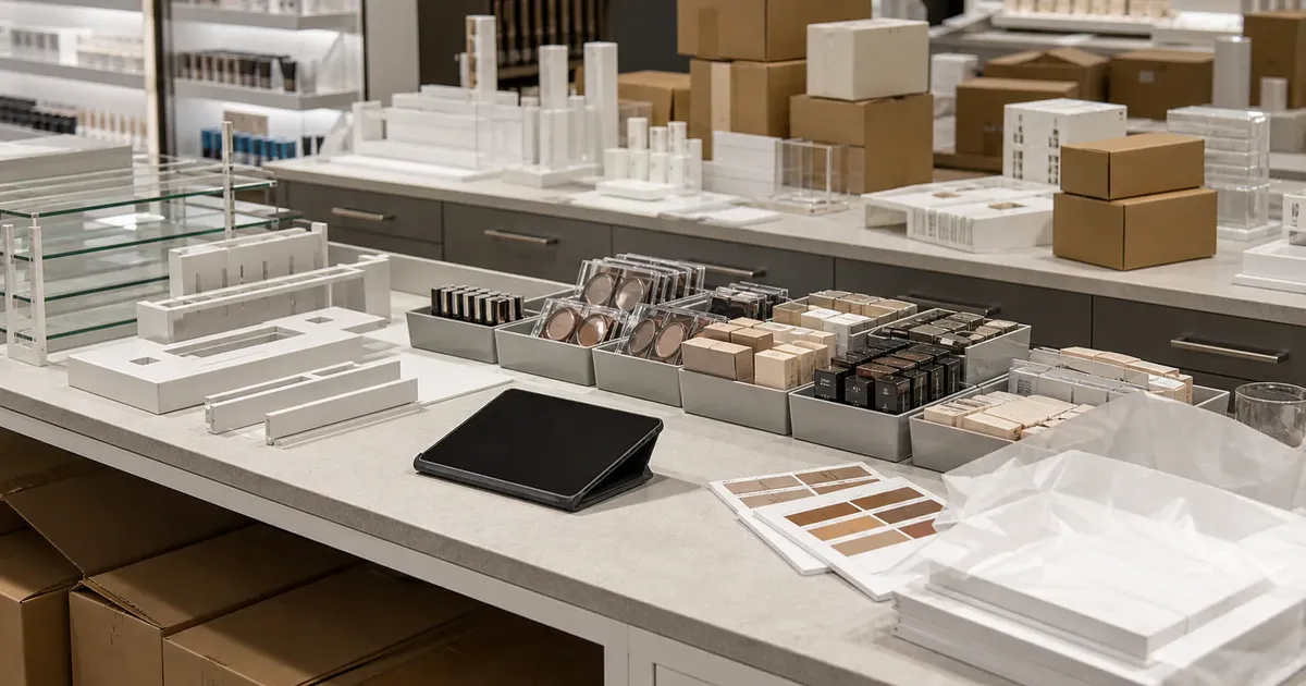 Target Beauty Studio launch prep with fixture parts, tester pans, minis bins, and training tablet