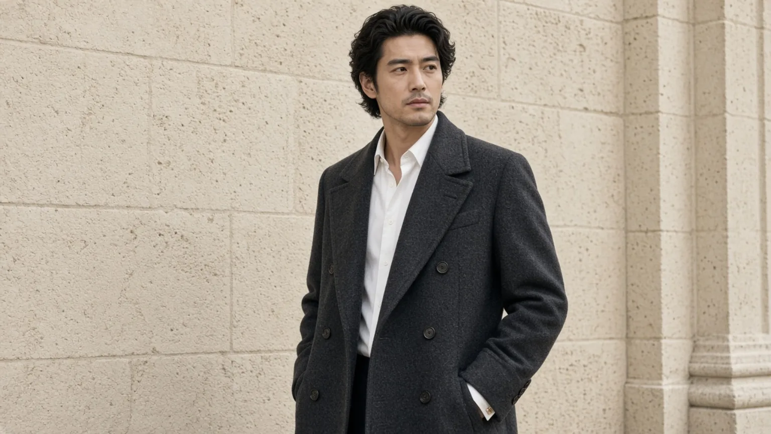 An adult East Asian man in a charcoal double-breasted coat and open white shirt against limestone.