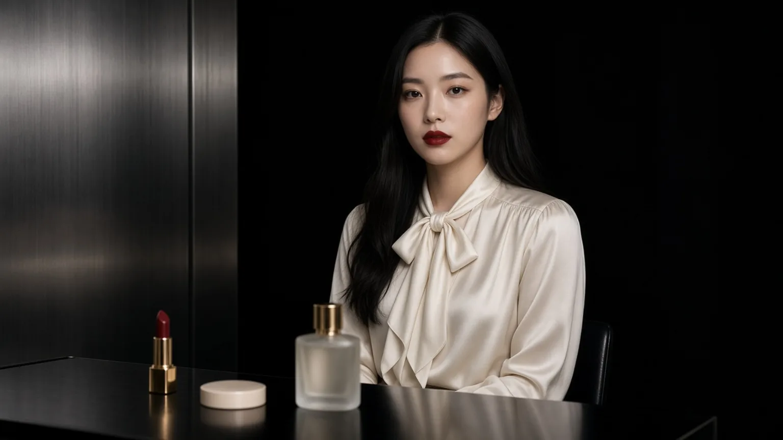 An adult East Asian woman in an ivory silk bow blouse at a black table with lipstick and a frosted bottle.