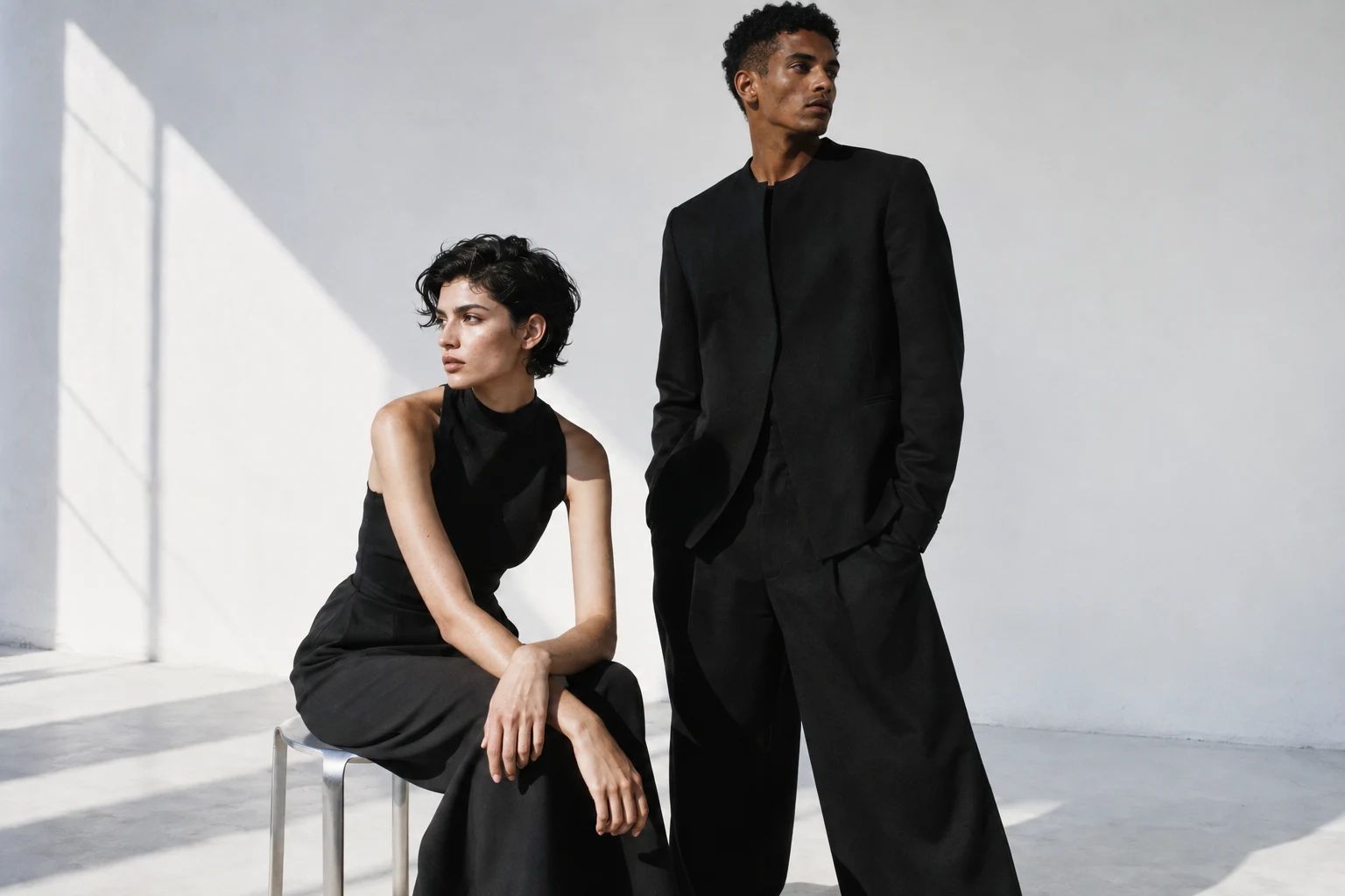 Woman and man in sculptural black tailoring against a sunlit white studio wall.