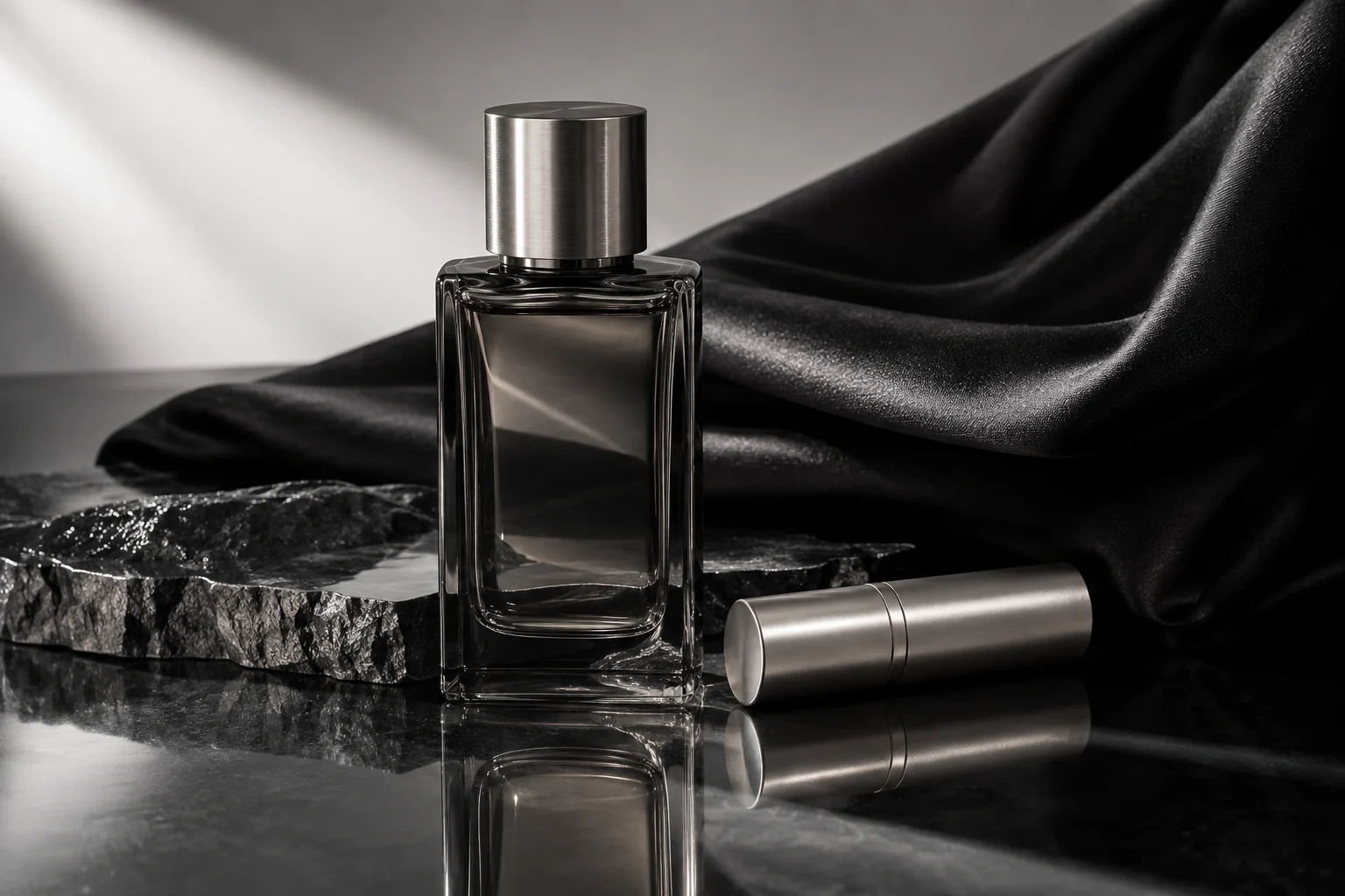 A smoked glass fragrance bottle and matte silver cosmetics tube with strong studio shadows.