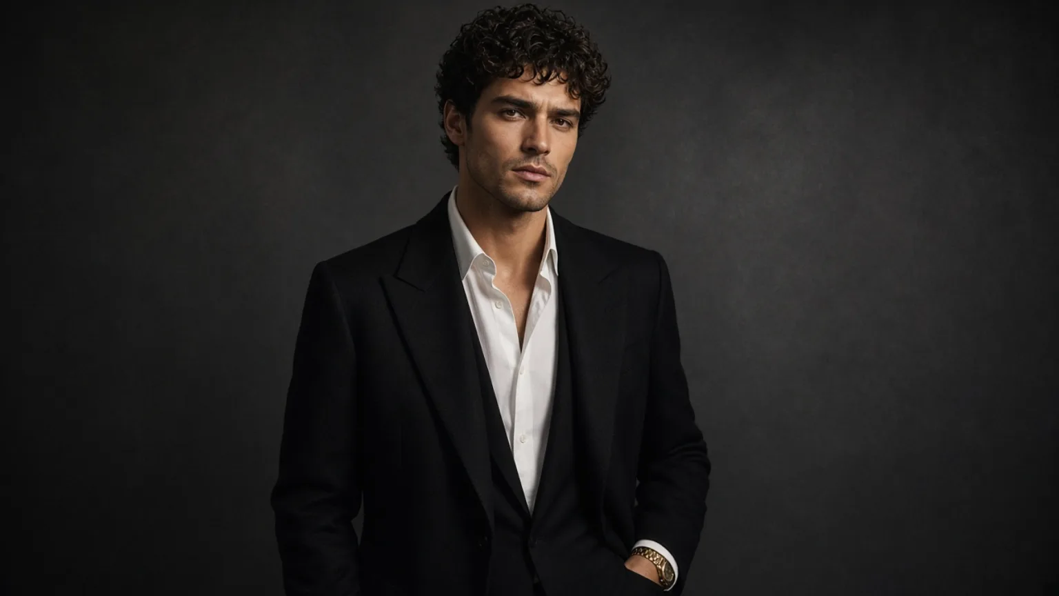 An adult man in a black dinner jacket and open white shirt.
