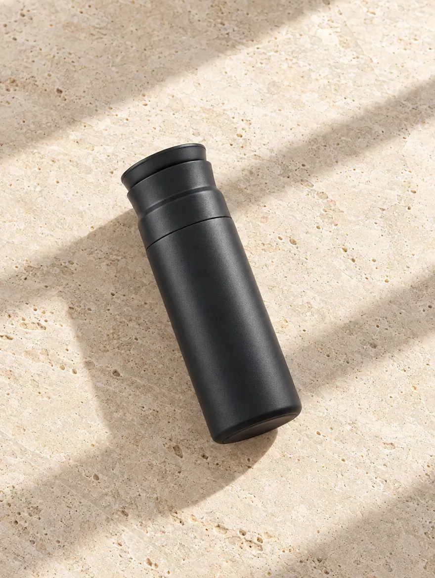 A black insulated travel tumbler on limestone in sunlight.