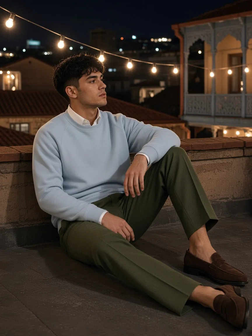 A man in a pale blue crewneck sweatshirt and olive trousers sits on a rooftop at dusk.