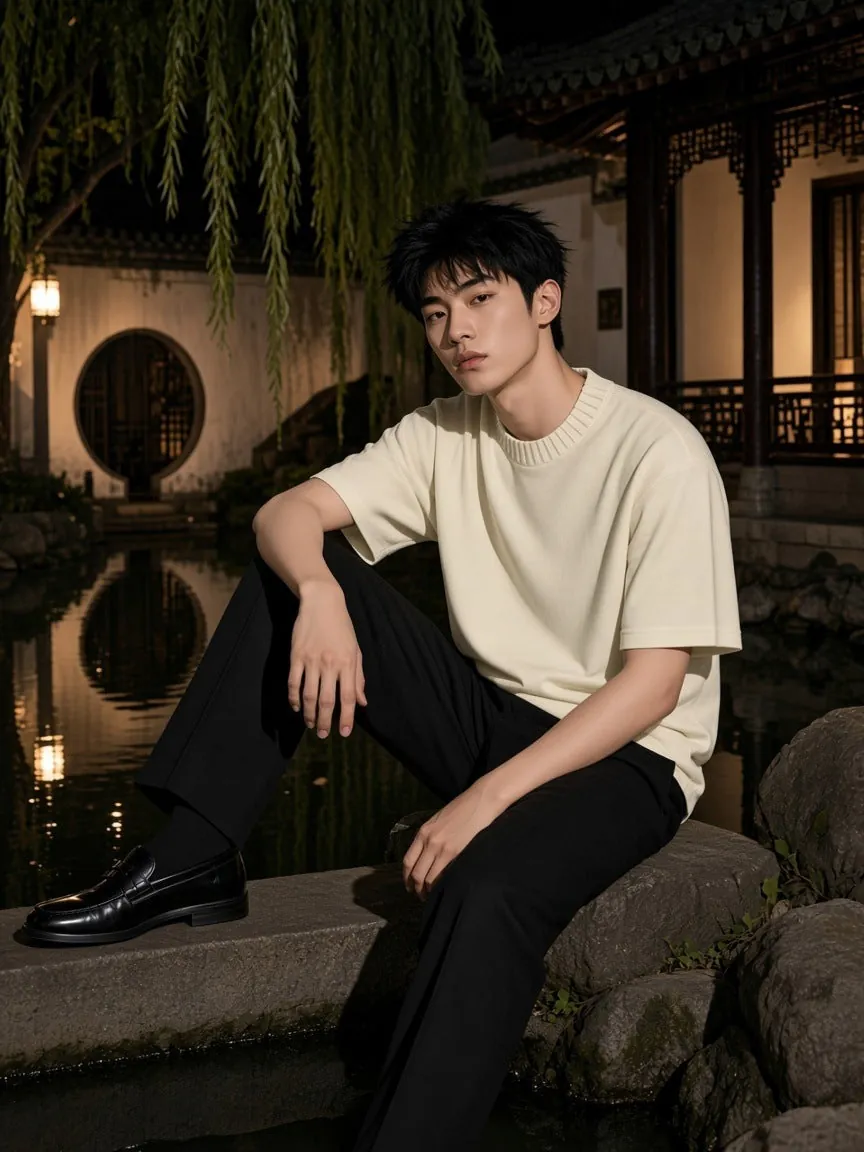 A man in a cream heavyweight knit tee and black trousers sits by a garden pond at night.
