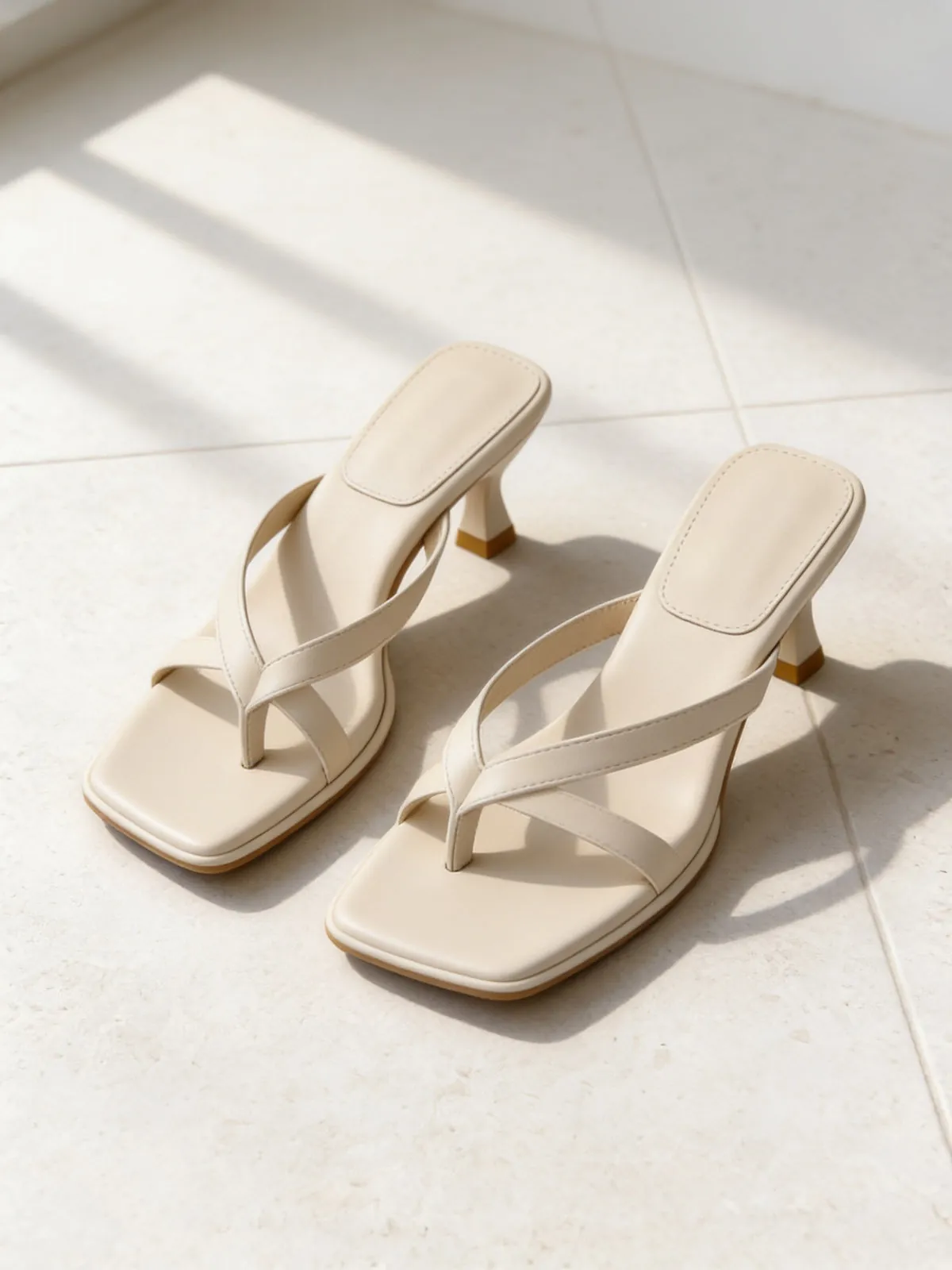 The Hotel Pool Mule in beige, a pair of thong mules on limestone.