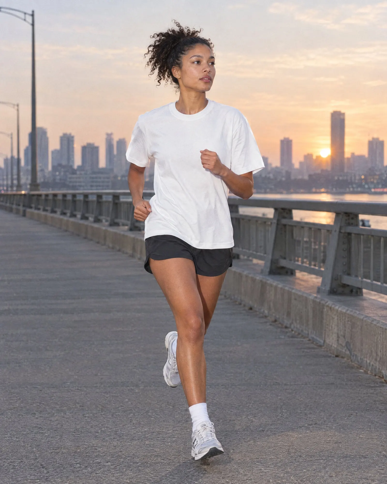 A woman runs across a bridge at sunrise in a white quick-dry tee and black shorts.