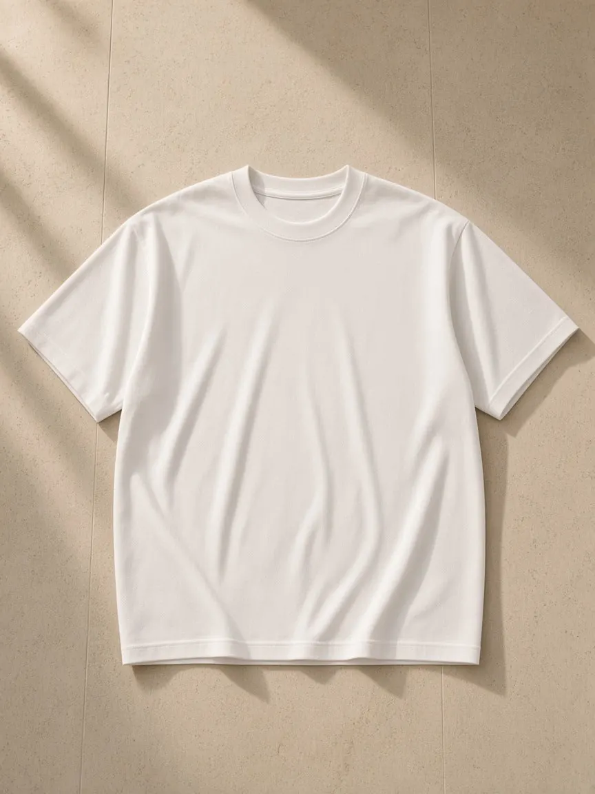 Men's Essential Heavyweight Cotton T-Shirt — White & Flower Gray, a Marcel Afters t-shirt, photographed flat on a warm studio backdrop.