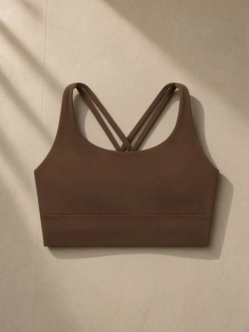 Strappy Criss-Cross Sports Bra — Brown, Blackish Green & Black, a Marcel Afters sports bra, photographed flat on a warm studio backdrop.