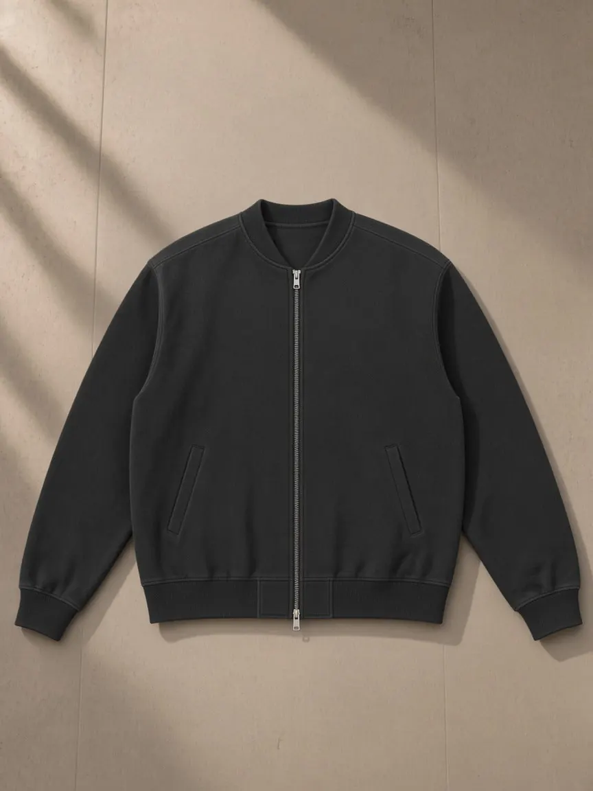 Sun Fade Heavyweight Baseball Jacket — Black, Navy Blue & Dark Gray, a Marcel Afters jacket, photographed flat on a warm studio backdrop.