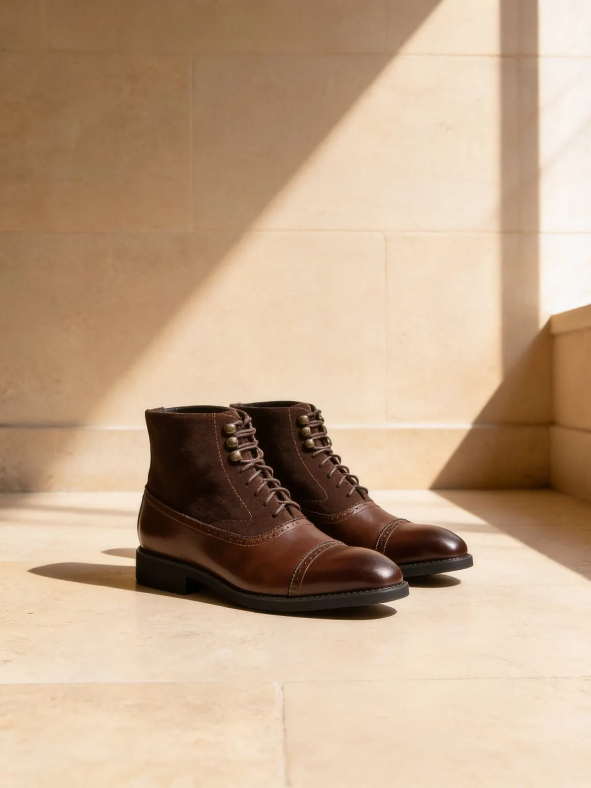 The Mountain Hut Boot, a Marcel Afters style, photographed on limestone.
