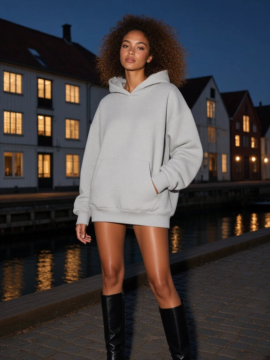 A woman in a light gray hoodie and knee-high boots, standing on a brick walkway near a canal.