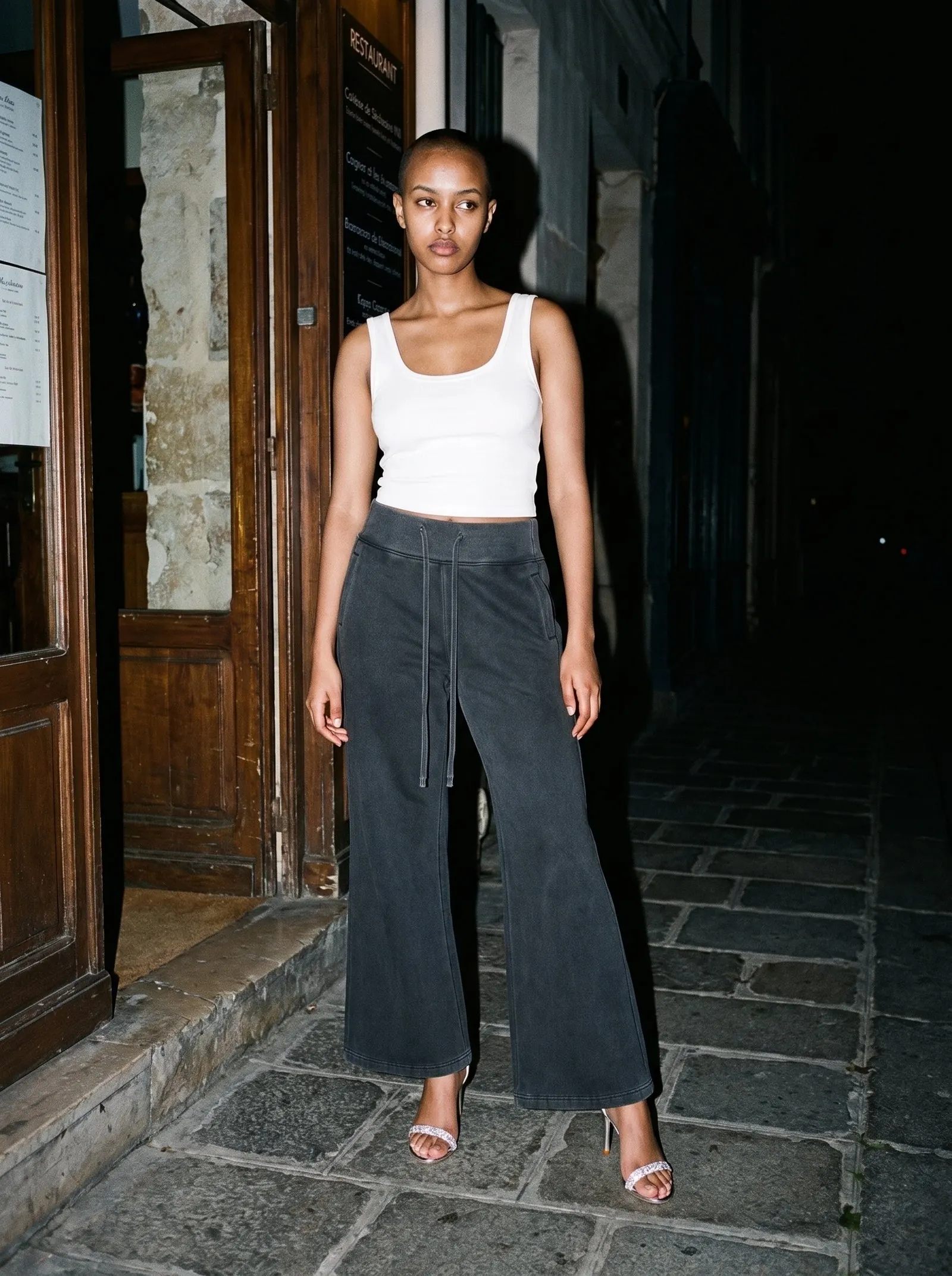 A model wearing The Mirrorball Sandal by Marcel Afters, Autumn–Winter 2026.