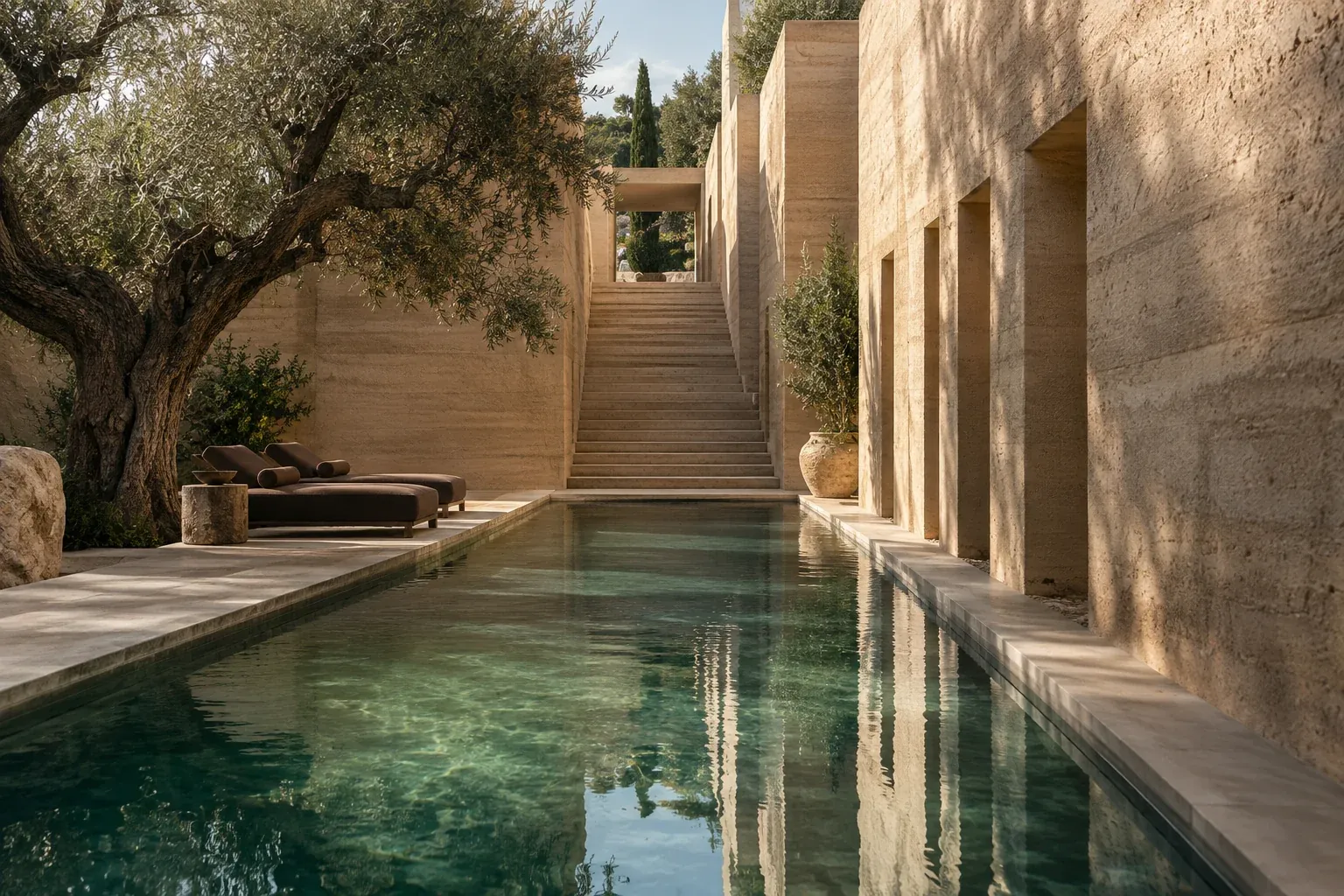 A long stone-lined pool beneath olive trees at a quiet resort.