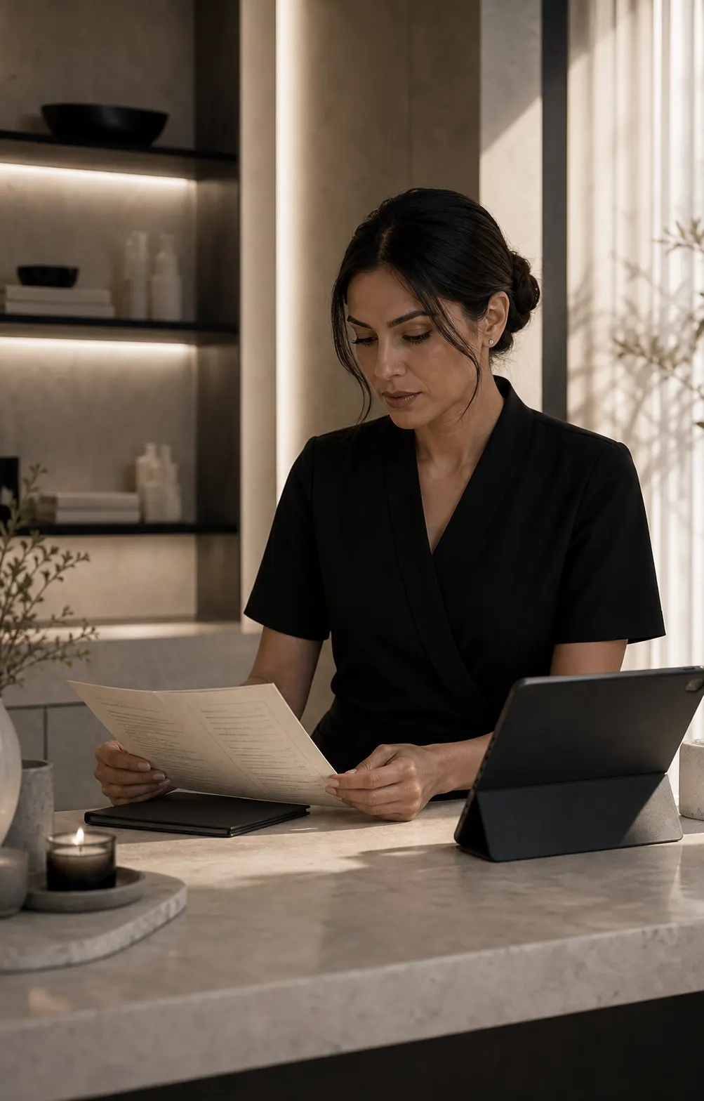 A spa operator reviewing their treatment menu